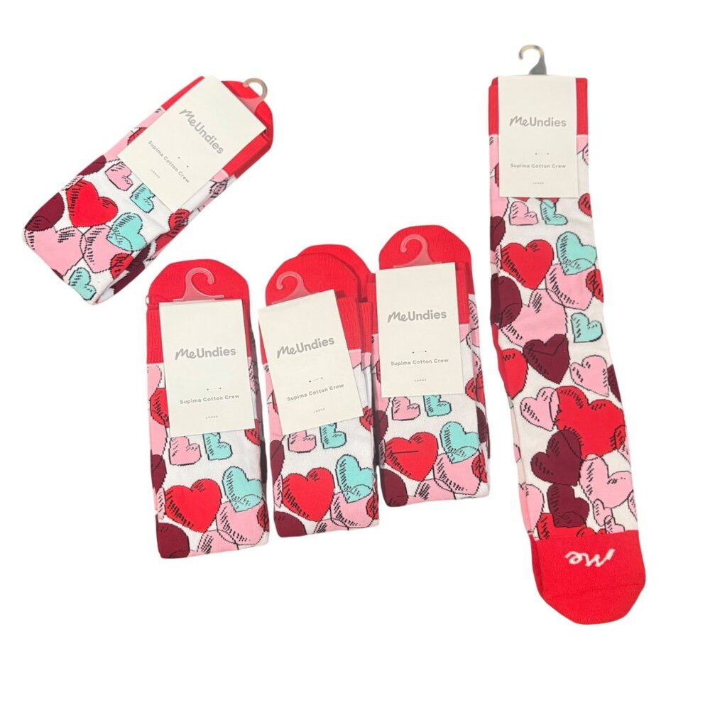 MeUndies Supima Cotton Crew Socks Large Seamless Toe Heart Print 5 pack‎ new